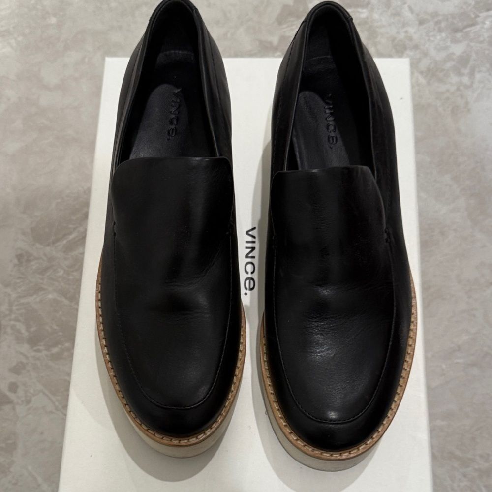 Vince Black Leather Loafers with Tan Sole